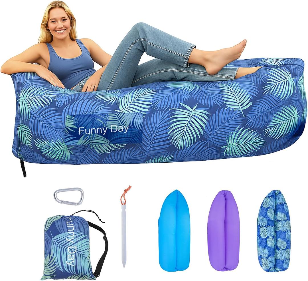 Inflatable Lounger, 210T Polyester air Sofa, Inflatable Couch for Camping, can Withstand 450 lbs air Chair, Pocket and Matching Bag, Convenient Beach Blow up CouchIdeal Outdoor Gifts for Adults (Printed Green)