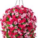 Artificial Flowers with Hanging Basket, Outdoor Faux Plants Silk Morning Glory Vines, Fake Green Arrangement for Garden Patio Spring Summer Decor(Rose Red)