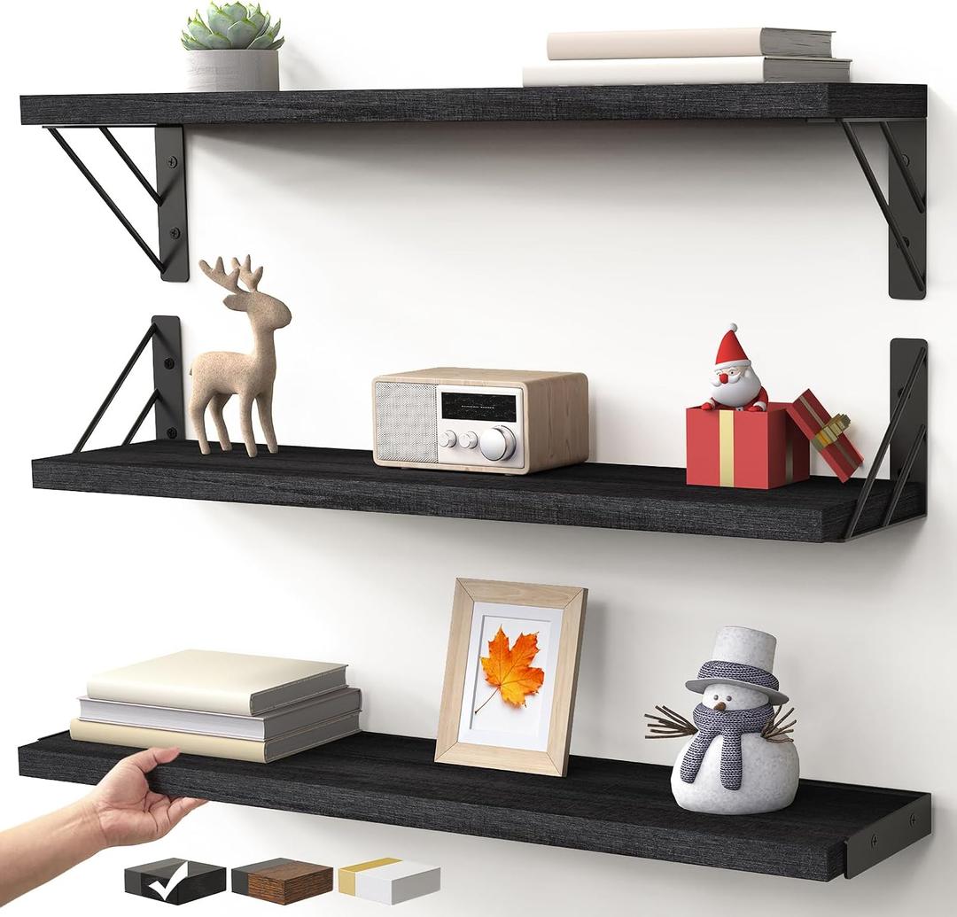 BAYKA Wall Mounted Floating Shelves, Wood Floating Wall Shelf for Books & Decor, Small Space-Saving Display & Organizer, Black, 23in Set of 3