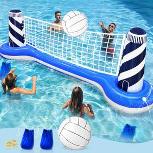 Inflatable Pool Games Volleyball Net Pool Float Set with 19" Beach Ball, Lighthouse Design Floating Swimming Water Sports Toys for Adults, Perfect for Summer Pool Party Supply (112"X26"X35")
