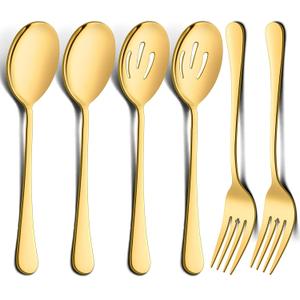 LIANYU 6 Pack Large Gold Serving Spoons and Forks Set, 9.8 Inch Stainless Steel Buffet Catering Party Banquet Serving Spoon Fork, Mirror Finished, Dishwasher Safe