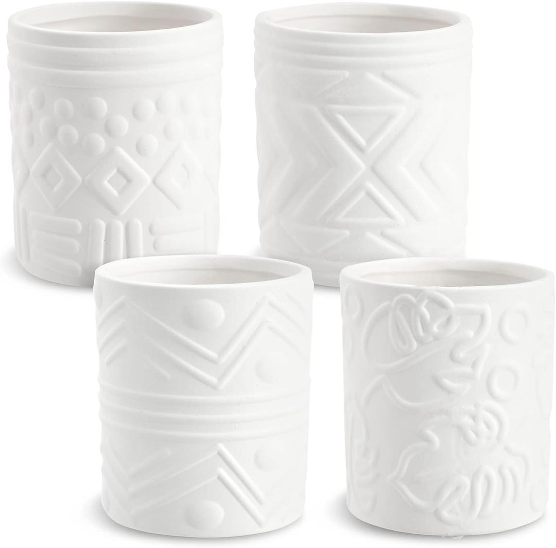 Bright Creations - Themed Designs, Unpainted Flower Pots with Drainage Holes, Rubber Plugs, and Small Sticker Pads (3x3x4 inches, White) - Set of 4
