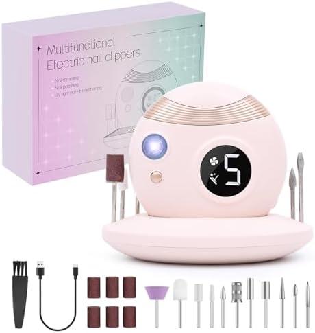 Upgrade 3 in 1 Cordless Nail Drill Electric File, Portable Electric Nail Clipper, Nail Care Set with UV Light for Acrylic Gel, Manicure Pedicure Polishing Shape Tool with Nail Drill Bits (Pink)