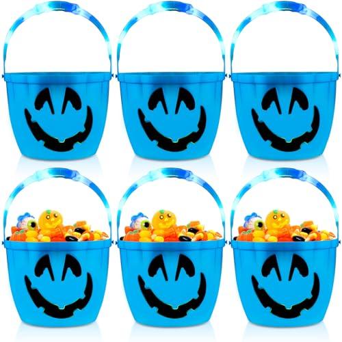 Liliful 6 Pcs Pumpkin Halloween LED Trick or Treat Candy Bucket, Large 8.6 in Light up Candy Bucket for Kids Jack O Lantern for Halloween Party Decoration (Teal)