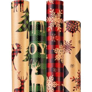 Christmas Wrapping Paper (4 Rolls: 93 sq. ft. ttl) - Red/Green and Black Plaid Grid Patterns, Stockings Snowflakes Pine Tree and Reindeer - Holiday Kraft Gift Paper 17 inches x 16.5 feet Per Roll