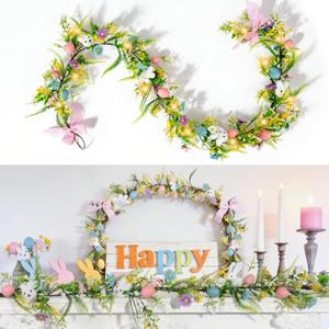 6FT Easter Garland with 20 LED Lights, Easter Garland for Mantel, Lighted Spring Garland with Artificial Eggs & Flowers, Easter Decorations for Home, Fireplace & Staircase, Indoor & Outdoor Decor