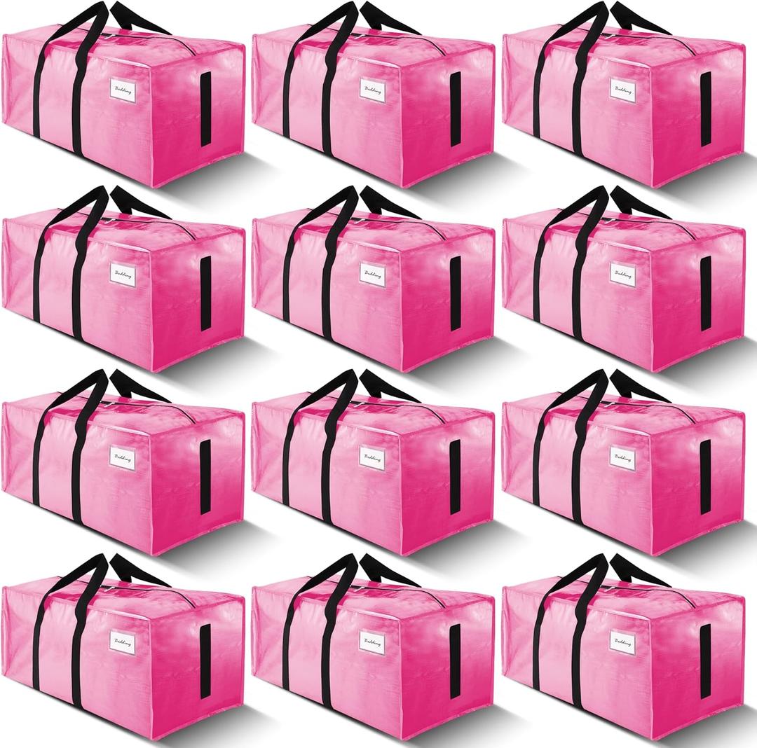 12 Pack Large Strong Moving Bags with Zippers & Carrying Handles - Water-Resistant - Heavy Duty Storage Tote for Space Saving, Fold Flat, Alternative to Moving Box (Pink)