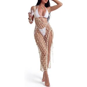 Cutecrop Women Swimsuit Crochet Cover up Dress 2026 Summer Bathing Suit Asymmetric Coverup Beach Tie Wrap Shawl Mermaid Skirt