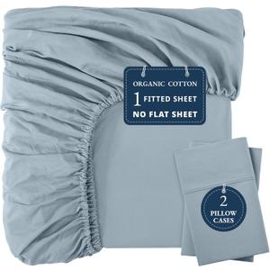 LANE LINEN 100% Organic Cotton Fitted Sheet Queen Size - 3 Pc Set (1 Fitted Sheet, 2 Pillowcases), Percale Weave, Soft, Breathable, Fits Mattress Upto 15" Deep - French Blue (No Flat Sheet)