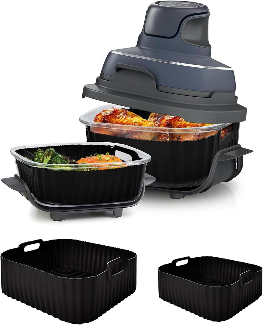Upgraded Air Fryer Silicone Liners for Ninja Crispi FN101GY/FN101SG/FN101ST,Non-Stick Reusable Ninja Glass Air Fryer Accessories,Big Liner for 4 QT Container & Small Liner for 6 Cup Container, Black