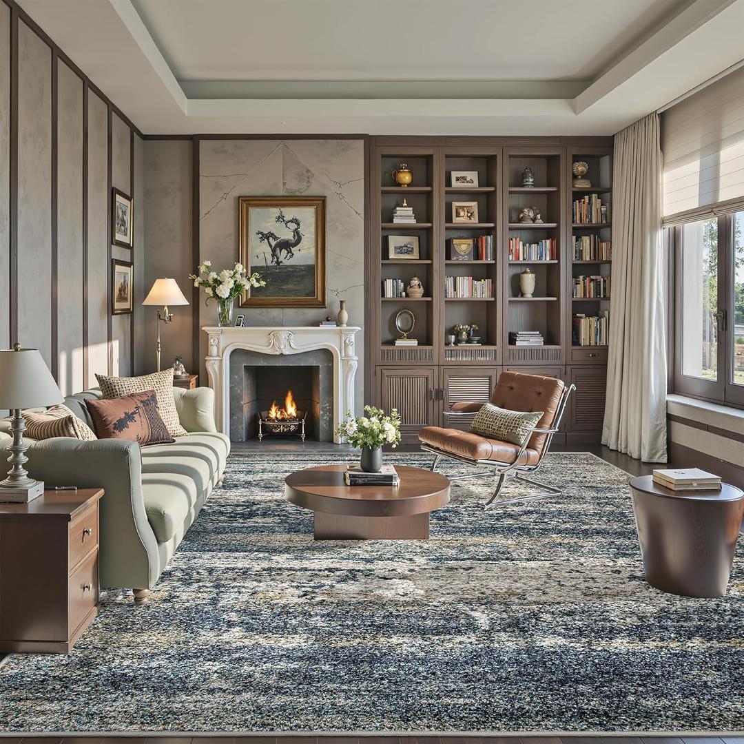 Art&Tuft Washable 9x12 Area Rug, Anti-Slip Backing Abstract Area Rugs 9x12 Living Room, Stain Resistant Rugs for Living Room, Foldable Machine Washable Area Rug (TPR19-Navy, 9'x12')