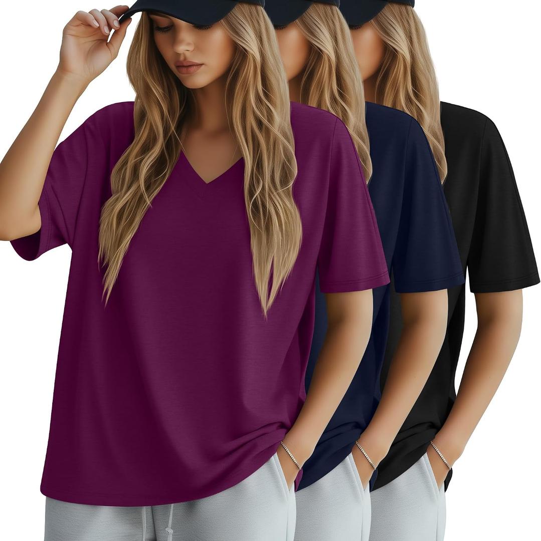 Huukeay 3 Pack Women's Oversized Cotton T-Shirts V Neck Loose Fit Casual Workout Tees Soft Short Sleeve Tops (XL)