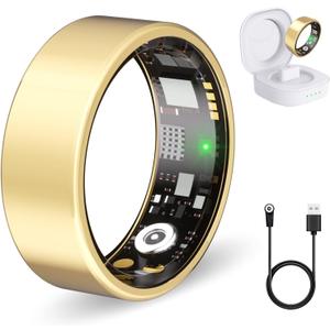 Smart Ring for Women Men Fitness Ring with Heart Rate, Blood Oxygen, Blood Pressure, Step Tracker, Sleep Tracker, IP68 Waterproof Health Ring for iOS & Android, No Subscription Fee(Gold, 8#)