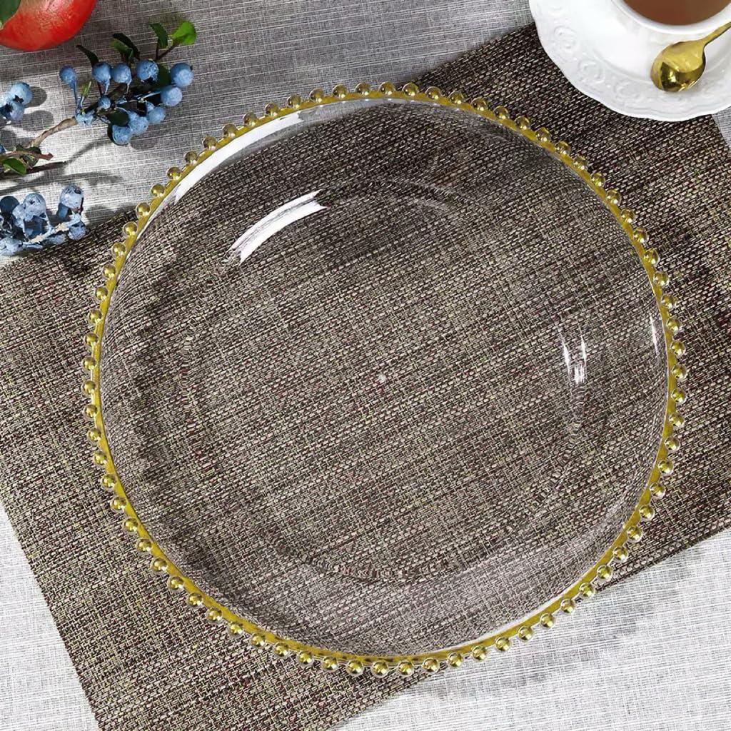 25 Pcs Clear Charger Plates 12.6 inch Plastic Dinner Charger Plates with Gold Beaded Rim for Home Wedding Birthday Bridal Shower Kitchen Party Dinner Table Decor Supplies (Gold)