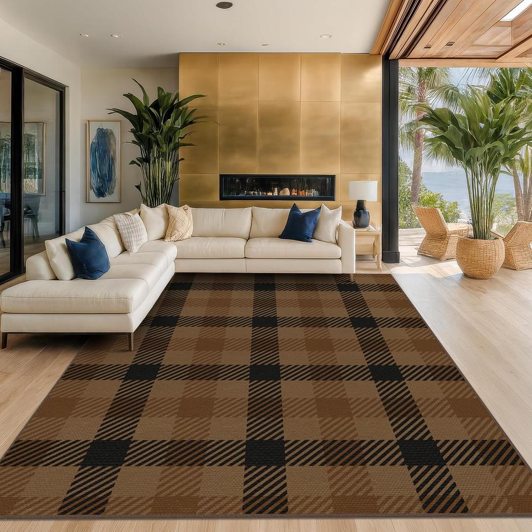JTJ Easy Jute 8x10 Outdoor Rug, Brown Checkered Farmhouse, Washable
