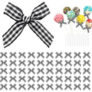 50pcs Christmas Mini Plaid Burlap Bows, Premade Buffalo Gingham Ribbon Bows, Vintage Checkered Bow White Black Birthday Decorations for Christmas Wreath, DIY Crafts, Sewing, Wedding
