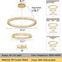 Modern Crystal Chandelier Dimmable LED Ceiling Light Fixture 3 Ring Adjustable Stainless Steel Chandeliers for Dining Room Living Room Bedroom Gold, 3-Ring 24"