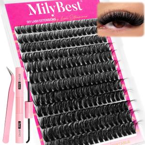 MilyBest Lash Clusters Kit Wispy, 10-18mm Fluffy Volume 100D Eyelash Clusters D Curl - Reusable DIY Lash Extension Kit for Beginners, Thick Cluster Eyelash Extensions with Bond and Seal Tweezers