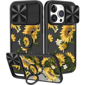 for iPhone 15 Pro Case with Slide Camera Cover, Sunflower Cases for iPhone 15 Pro with Ring Holder, Sunflowers Stylish Aesthetic Designer Slim Protective Cover for 15 Pro