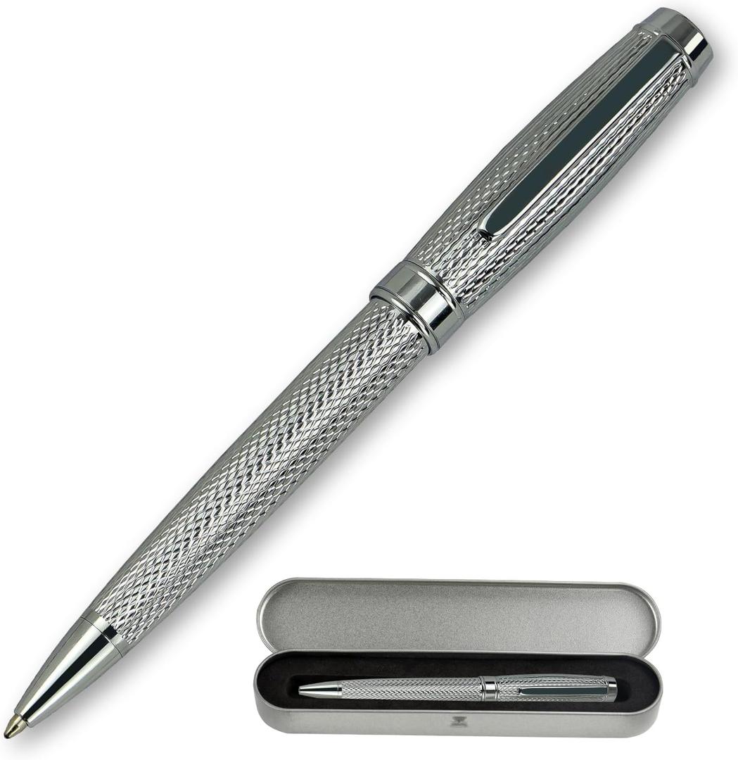 YUNCHUN Executive Pens for Men, Heavy Ballpoint Pens Set for Men Gift, Retractable Ball Point Pens for Work, Smooth Writing Black Ink with Lozenge Pattern, Silver