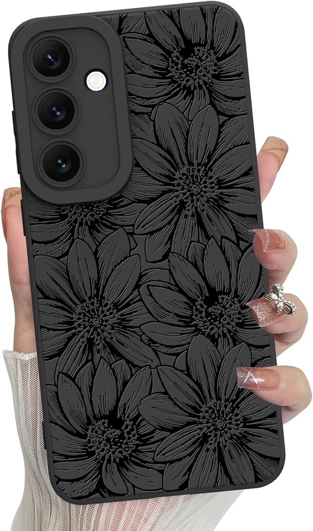 MZELQ for Samsung Galaxy S24 Fe Case, Silicone Black Floral Flowers Sunflowers Cute Pattern, Camera Protection Soft Slim Phone Case for Girls Women -Black