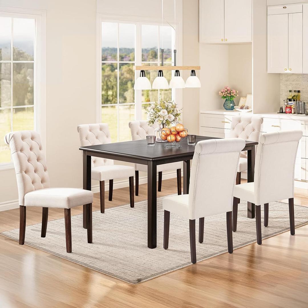 COLAMY 7-Piece Dining Table Set for 6, 60" Rectangular Wooden Kitchen Table with 6 Tufted Dining Room Chairs, Brown/Beige