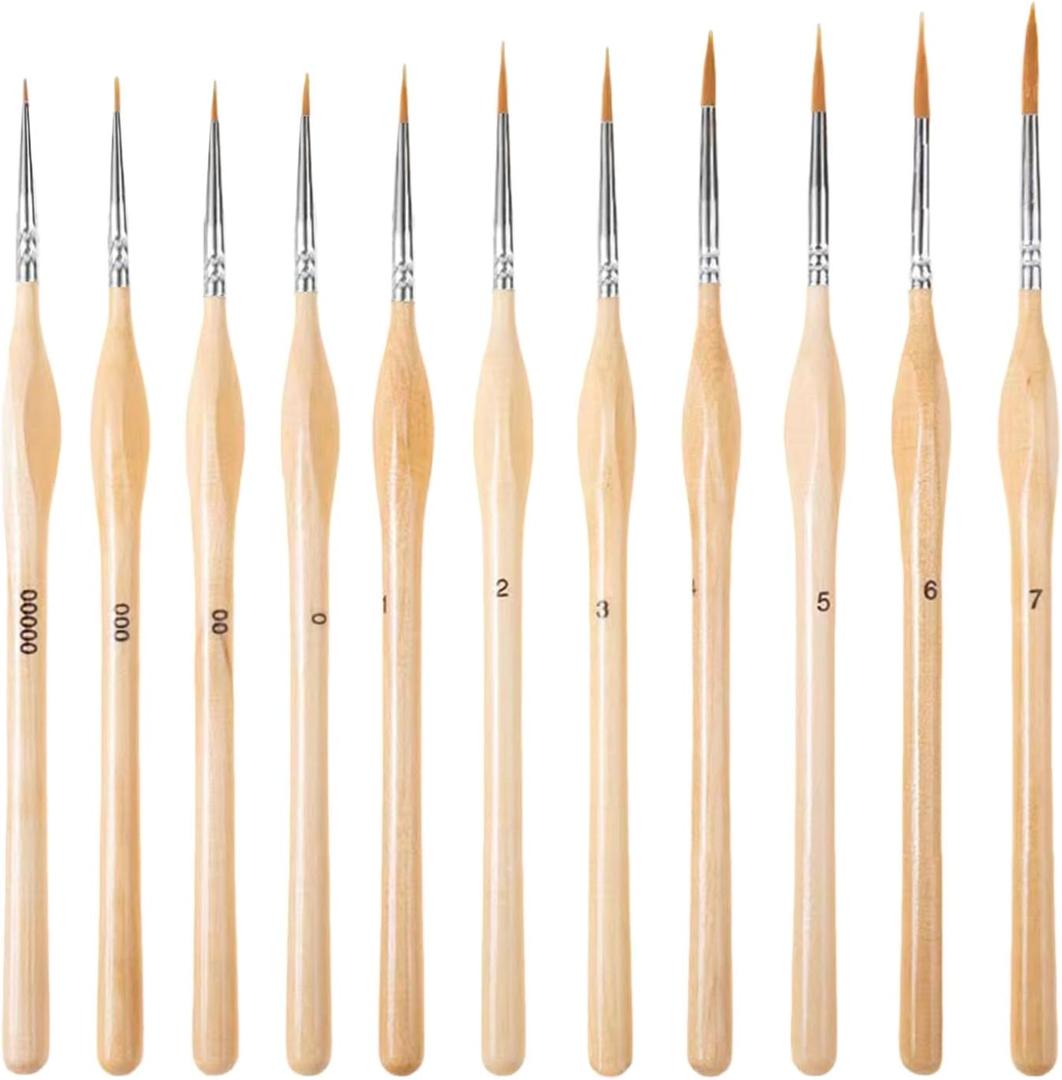 11 Pcs Miniature Detail Paint Brush Set with Wood Handle, Mini Painting Brushes Miniature Paint Brushes FineTip Paint Brush Art Crafts Acrylic Watercolor Oil Model Face (11,Khaki)