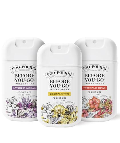Poo-Pourri Before-You-Go Pocket Toilet Spray, Travel Essentials, 1 Fl Oz, Spring Variety 3 Pack, Each Up to 50 Uses, On-The-Go Bathroom Odor Deodorizer with Essential Oils, TSA Approved Size, 3 Scents One Missing