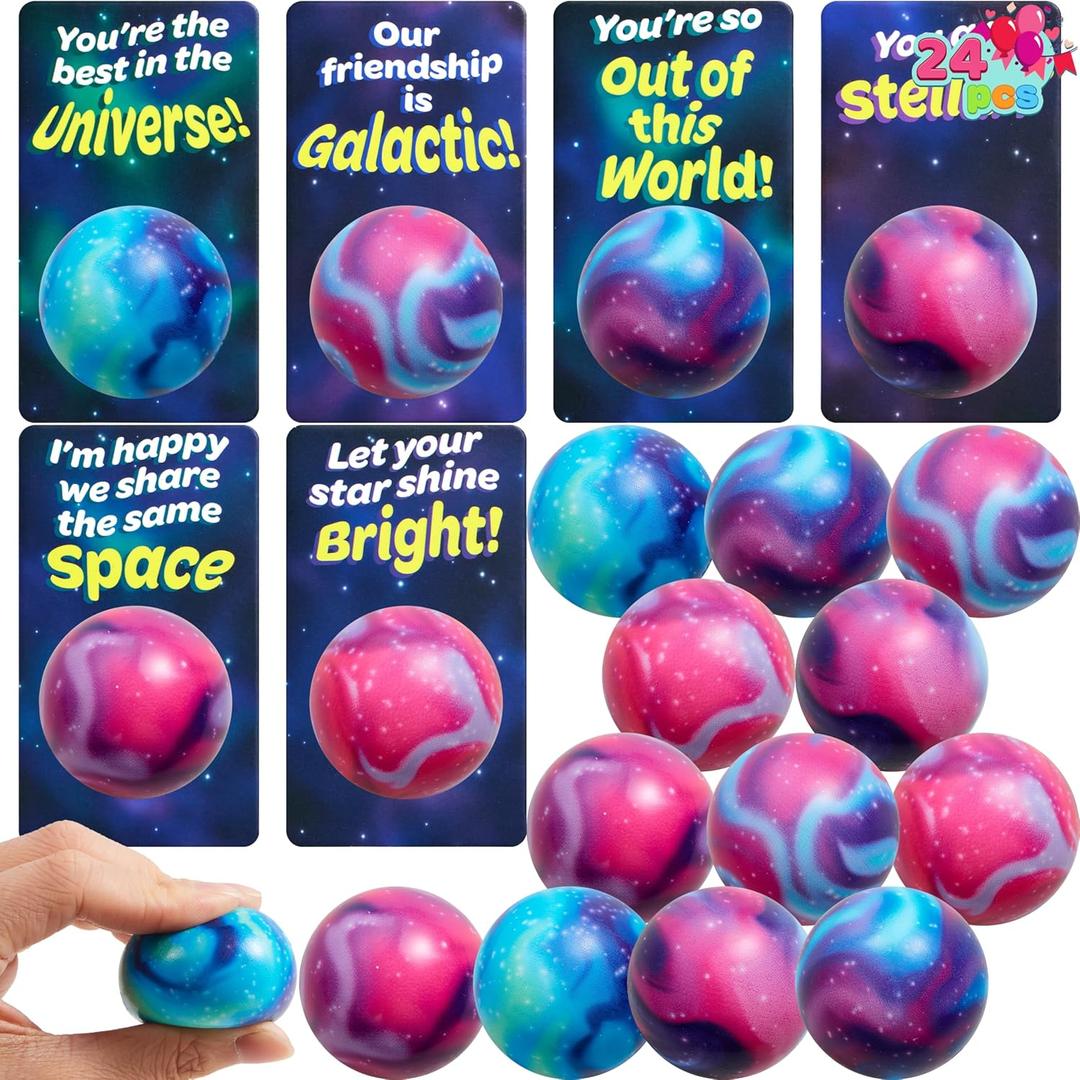 JOYIN 24 PCS Valentines Cards with Galaxy PU Stress Balls for Valentine Party Favor, Classroom Exchange Prize, Greeting Cards
