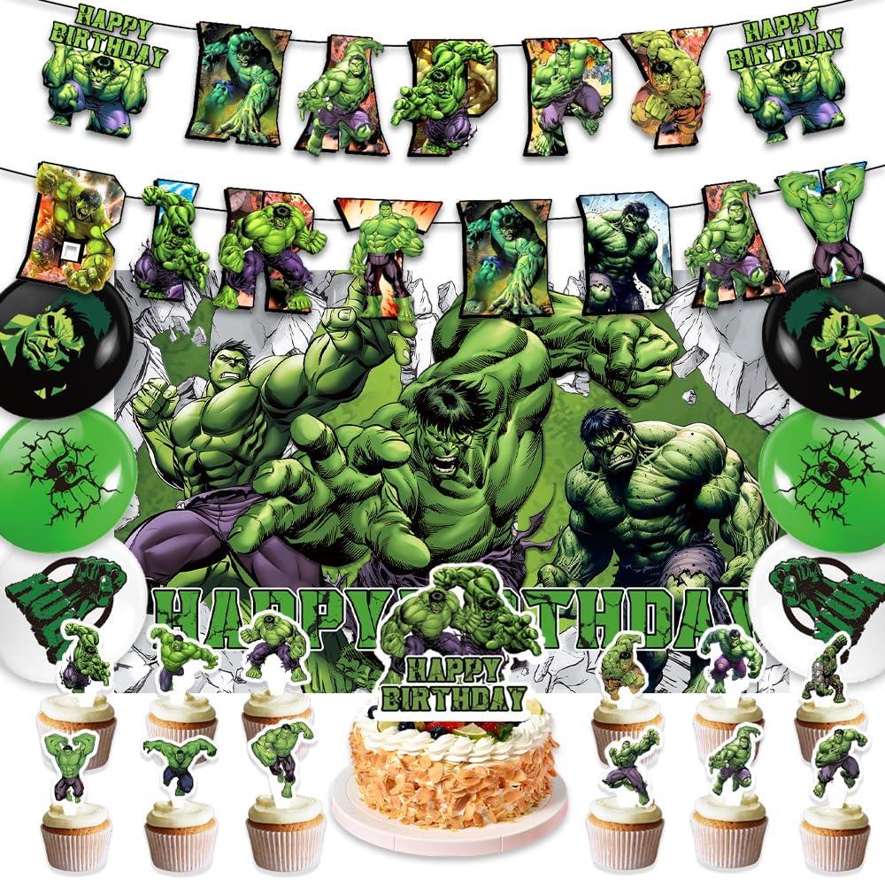42pcs Hulks Birthday Party Supplies Pack IncludesBannerCake TopperBlackdrop,Balloons for Hulks party Decoration