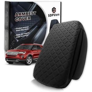 Armrest Cover for Ford Explorer Center Console Pad with Organizer Storage Pockets, Black Faux Leather Arm Rest Lid Protector Cushion Interior Accessories (2011-2019)