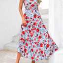 PRETTYGARDEN Women's 2026 Summer Floral Midi Dress Cap Sleeve V Neck Ruffle Long Flowy Boho Casual Beach Vacation Dresses (Blue, M)