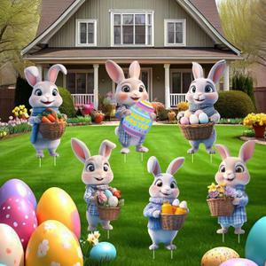 Bunny Decorations Yard Signs with Stakes 6 pcs Cute Rabbit Garden Lawn Decor Outdoor Welcome Sign for Happy Easter Themed Festival Party Supplies (Brown Easter)