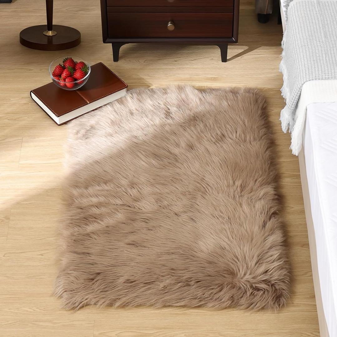 Goolela Fluffy Faux Fur Rug for Bedroom Light Brown Beige 2x3 Furry Fuzzy Sheepskin Rug Small Shaggy Area Rug for Office Playroom Decor Washable Rectangle