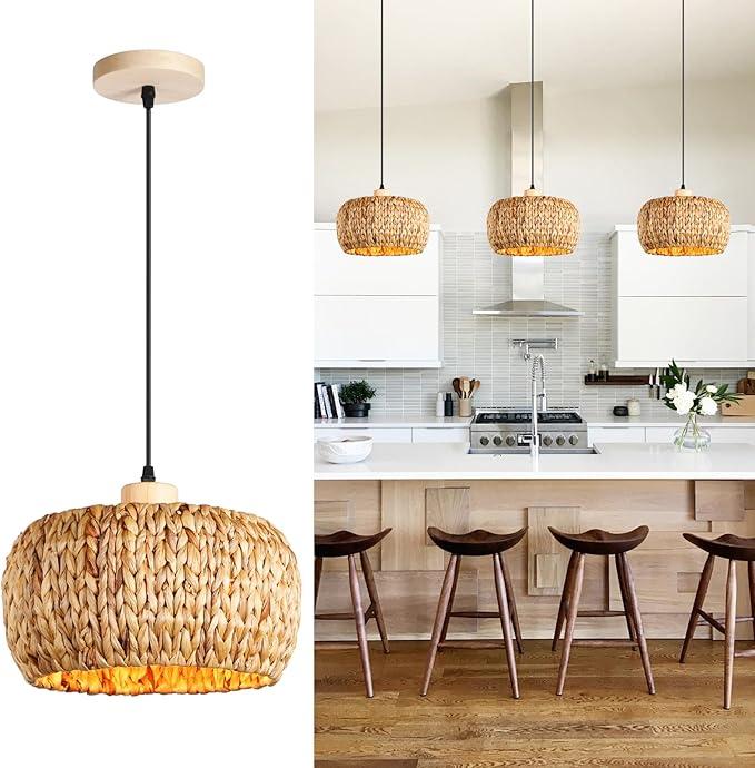 Mgcanyu Boho Pendant Lights Kitchen Island, 11.8" Bohemian Rattan HandWoven Light Fixture Natural Seagrass Weaving Lighting Hanging Ceiling Chandelier for Restaurants Living Dining Room Farmhouse