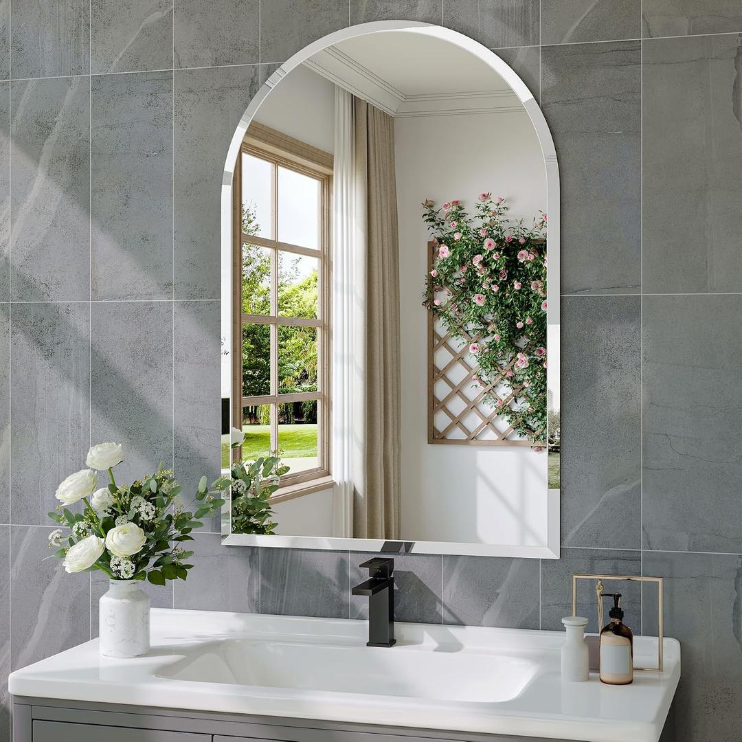 Frameless Arch Mirror, 24"x36" Bathroom Vanity Arched Mirrors with Beveled Edge, Decorative Arch Wall Mirrors for Bedroom, Entryway, Living Room