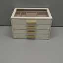 pickpiff Jewelry Box Organizer Case for Women: 4-Layer Jewelry Storage Case with Glass Window, Ivory Leather with Pink Velvet, Holder for Ring Necklace Bracelet Brooch Watch, Great Gift for Her (White)