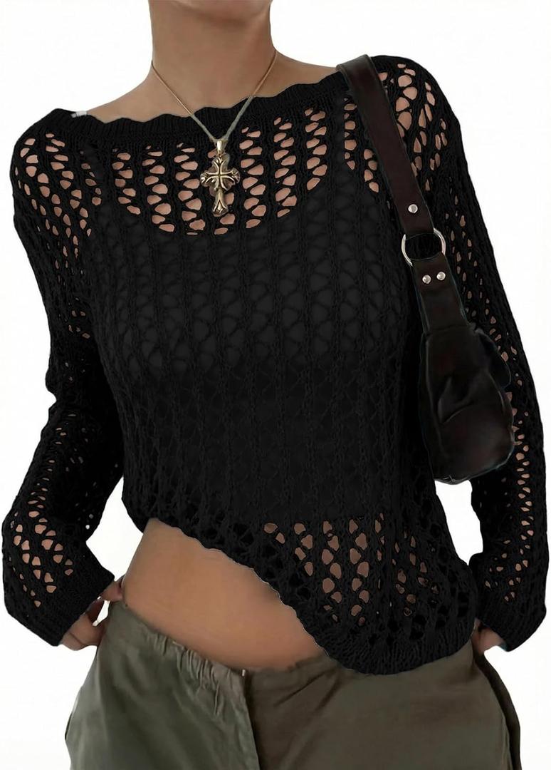 EVALESS Spring Tops Cruise Outfits for Women 2026 Long Sleeve Crochet Hollow Out Summer Sweaters Scoop Neck Lightweight Sweater Holiday Tops for Women Trendy 2026 Cold Shoulder Black Shirts, Large