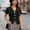 Women's Cardigan Sweater Short Sleeve V Neck Golden Button Down Front Blouse Casual Knitwear Top (Black, L)