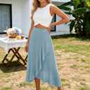Women Flowy Long Skirt Ruffle Summer Beach Skirts Elastic Waist A-line Chiffon Casual Midi Skirt with Lining (Blue, L)