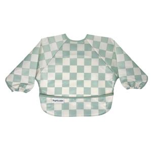 Tiny Twinkle Mess Proof Baby Bib,Waterproof Smock Baby Bib for Eating,Machine Washable Long Sleeve Bib,Baby Led Weaning,Toddler Bib,BLW Supplies(Checkers Sage, Small 6-24 Months)