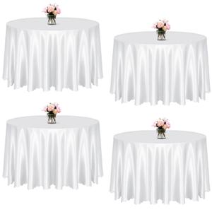 KKJIAF 4 Pack White Satin Round Table Cloths 90 Inch, Overlay Round Table Cover, Silky Satin Dining Tablecloth for Wedding Buffet Parties Banquet Decoration