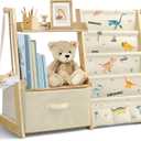 Kids Bookshelf and Toy Organizer 2 in 1,Book Shelf for Kids Rooms with Movable Toy Bin,4 Tier Toddler Sling Book Rack for Nursery Bedroom Playroom (Dinosaur)