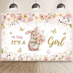 MEHOFOND 7x5ft Bunny Girl Baby Shower Backdrop Oh Baby It's A Girl Pink and Gold Baby Shower Decoration Cute Bunny Photography Background Floral Butterfly Watercolor Photo Studio Props