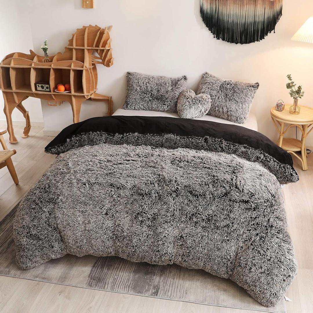 MEGO Luxury Shaggy Plush Duvet Cover Set, Soft 3 Pieces Fluffy Faux Fur Comforter Cover Set, Fuzzy Bedding Set(1 Furry Duvet Cover Queen Size + 2 Pillow Shams), Zipper Closure(Queen, Black Ombre)