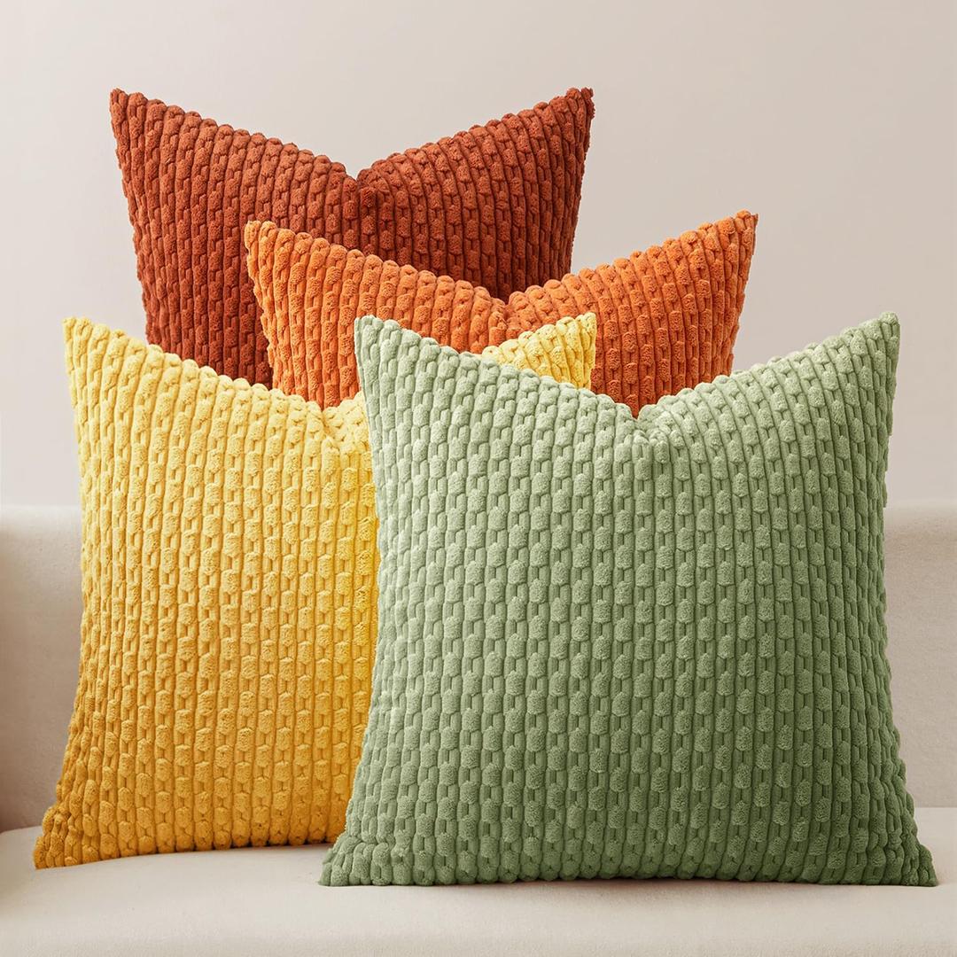 MIULEE Burnt Orange Throw Pillow Covers Soft Couch Decorative Set of 4 Boho Striped Cushion Covers Corduroy Pillowcase Farmhouse Home Decor for Couch Bed Sofa Living Room 18x18 Inch Yellow/Orange