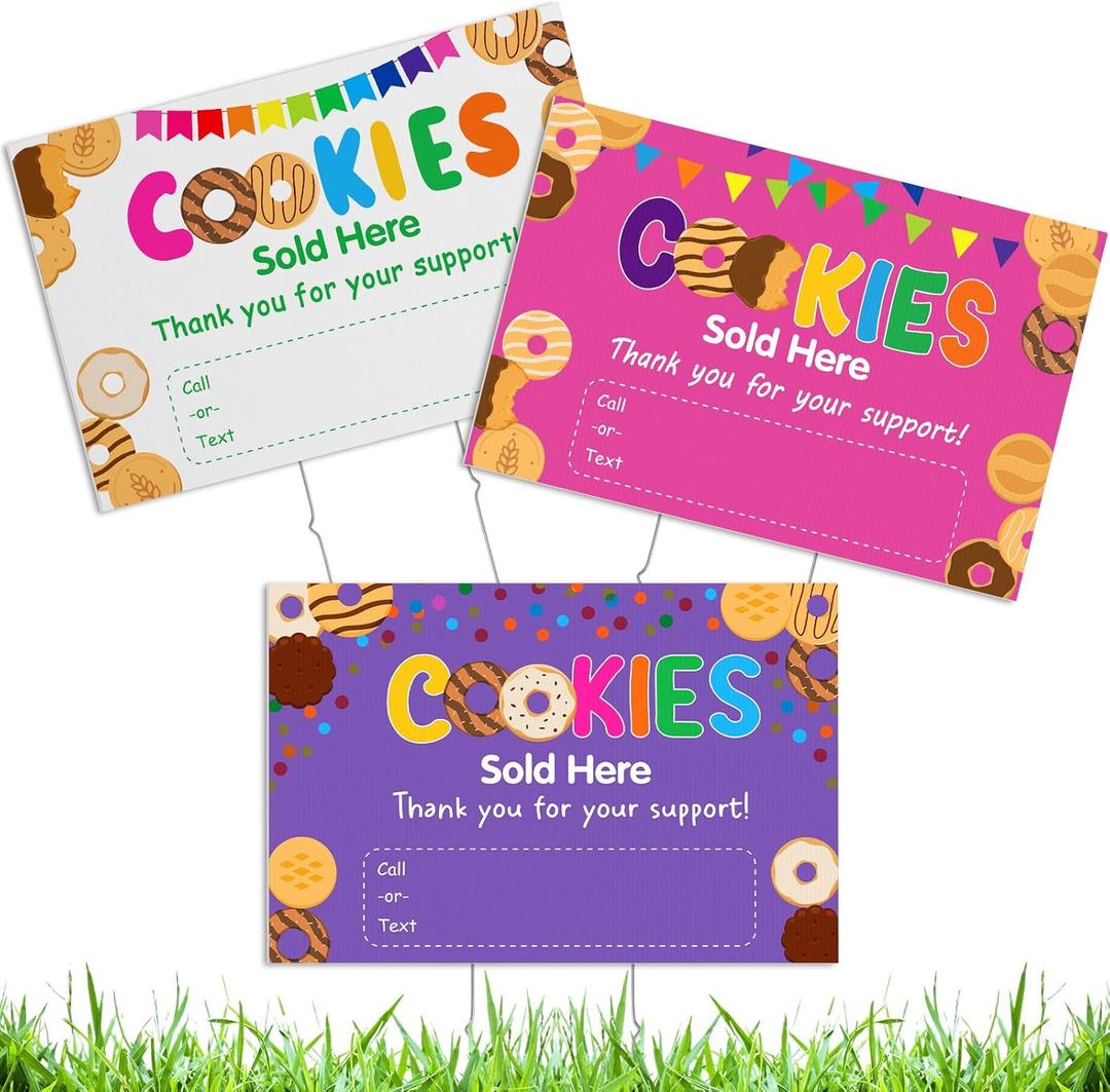 3 Pack Cookies Sold Here Yard Sign 12 x 18 with Metal Stakes Troop Member Cookie Sold Sign Vinyl & Corrugated Plastic Text or Call Booth Decorations for Front Yard Lawn & Outdoor Use