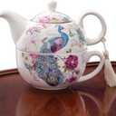 Bits and Pieces Tea for One Porcelain Teapot & Cup Set Decorative Tassel on Teapot Handle Elegant Gift Box in Peacock