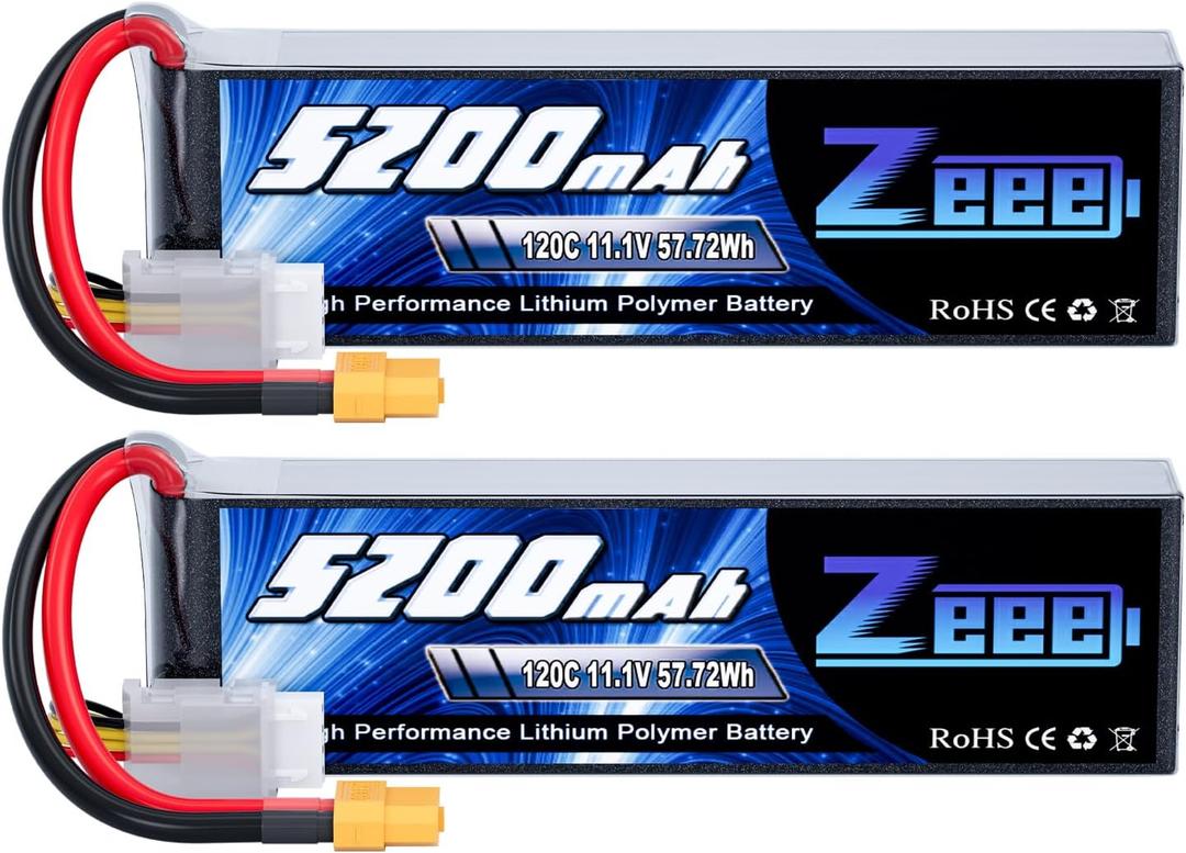 Zeee 3S Lipo Battery 5200mAh 120C 11.1V RC Soft Pack Battery with XT60 Connector for RC Car Truck Airplane Helicopter Plane Quadcopter RC Boat Racing Hobby Models 6.02 * 1.7 * 0.99in (2 Pack)