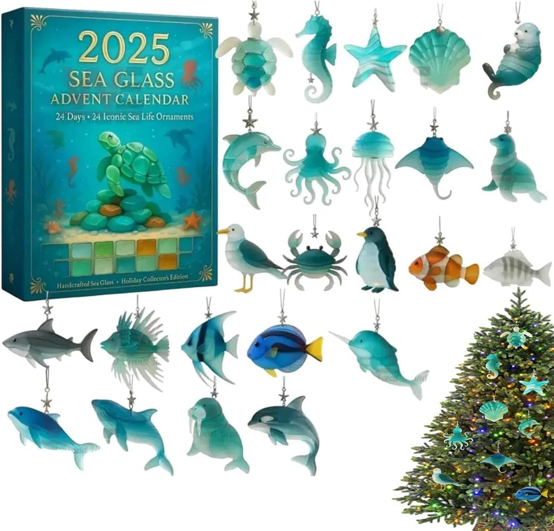 Sea Glass Advent Calendar 2025, 24-Day Christmas Countdown Calendar Featuring Realistic Marine Life Decorations, Sea Glass Marine Life Advent for Kids, Collectors & Ocean Lovers